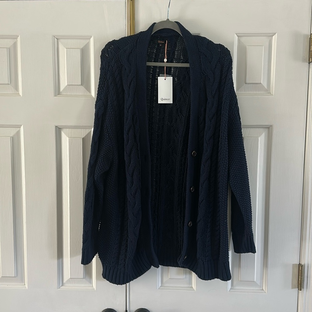 Quince Oversized Cable Cardigan Sweater NEW Medium navy blue 100% organic cotton